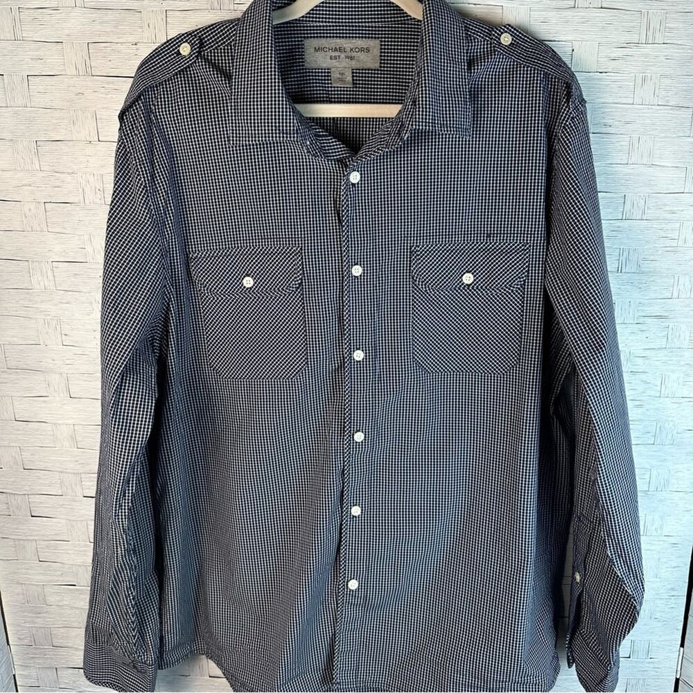 Michael kors button down plaid shirt navy, and gray roll tab sleeve, big & tall